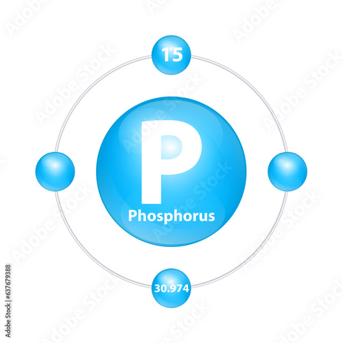 Phosphorus (P) Icon structure chemical element round shape circle light blue with surround ring. Period number shows of energy levels of electron. Study science for education. 3D Illustration vector.