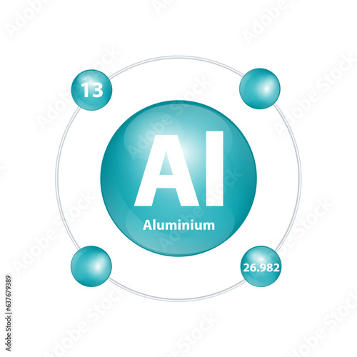 Icon structure Aluminiumr (Al) chemical element round shape circle dark green with surround ring Number shows of energy levels of electron. Study science for education 3D Illustration vector.