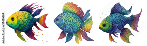Watercolor Exotic Colorful Fish Collection On A Transparent Or White Background.