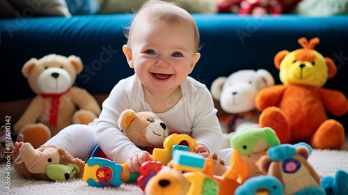 A happy baby laughing while playing with colorful toys