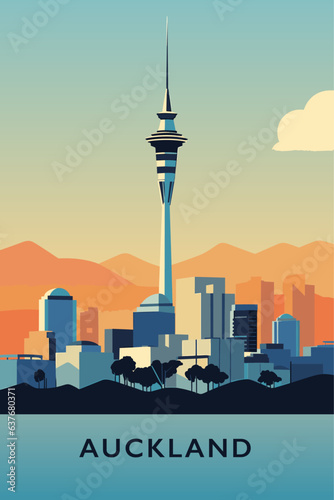 New Zealand Auckland city retro poster with abstract shapes of skyline, attractions and landmarks. Vintage cityscape travel vector illustration of metropolitan panorama