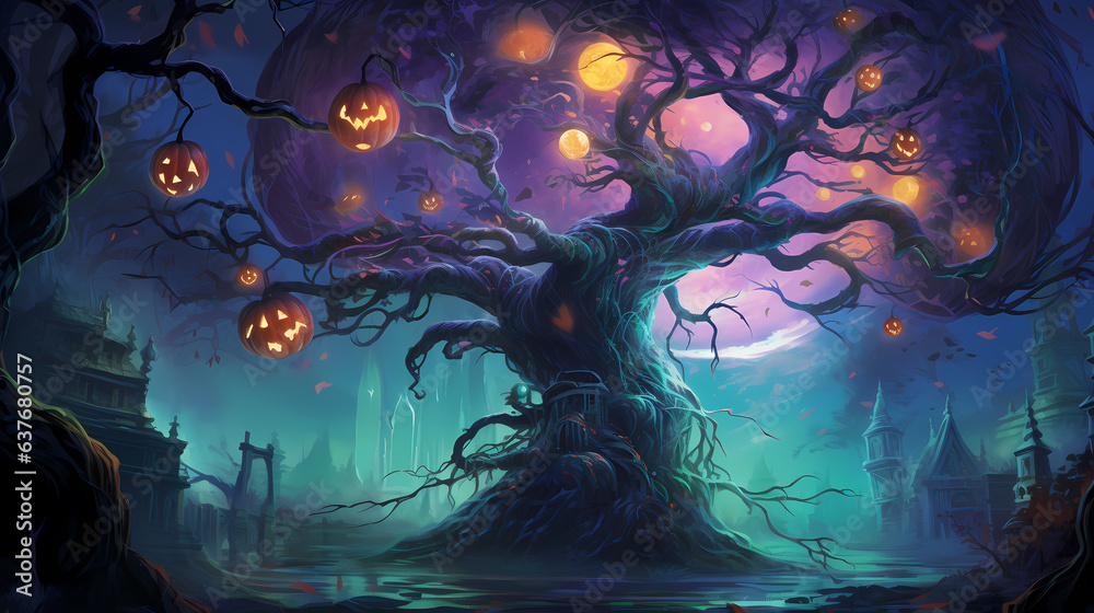 Fototapeta premium a spectral tree intertwined with vines of glowing pumpkins