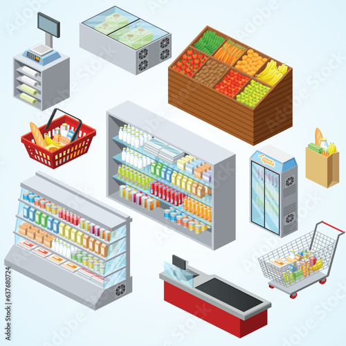 supermarket shelves showcases freezer cashier counter customer shopping basket
