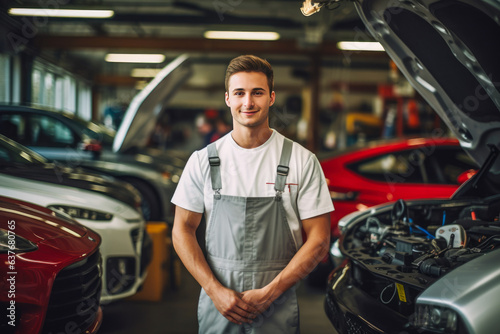 Portrait of a male mechanic standing in a car repair shop © mila103
