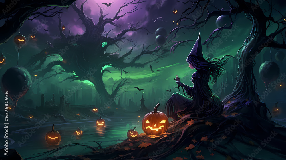 Halloween background with pumpkins and a witch conducting a moonlit ritual beneath a tree