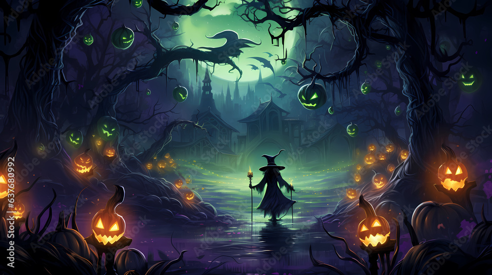 Halloween background with pumpkins and a witch conducting a moonlit ritual beneath a tree