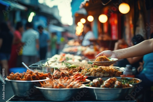 Close up on street food on table top. Blurry street stall background.