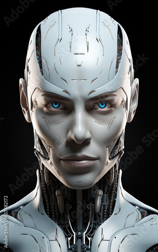 Android robot face portrait on black background. Artificial intelligence concept. Futuristic man robot head with technology neural system. Generative blue eyes AI male head-shot.
