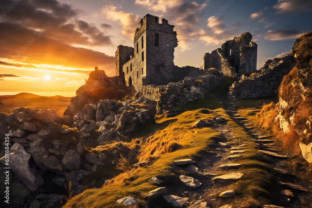 Ruined ancient castle in sunset, on the top of the hill, with sun behind