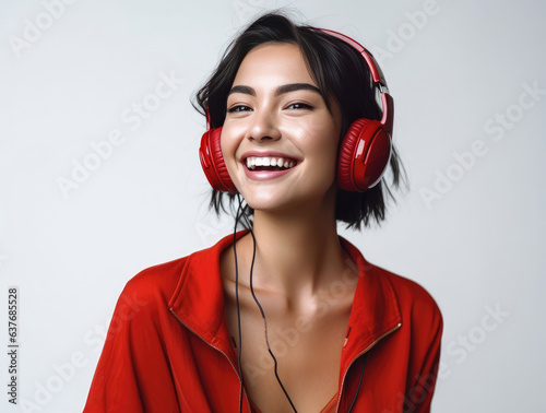 A woman with red headphones in a red shirt and a good mood on a white background. AI generated.