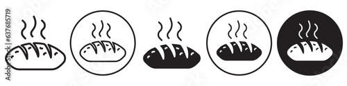 Hot bread icon. Flat symbol of wheat flour food dough to make bun or baguette for breakfast or dinner. Vector set of round logo of warm bakery homemade  bread sign. Outline linear mark of loaf toast