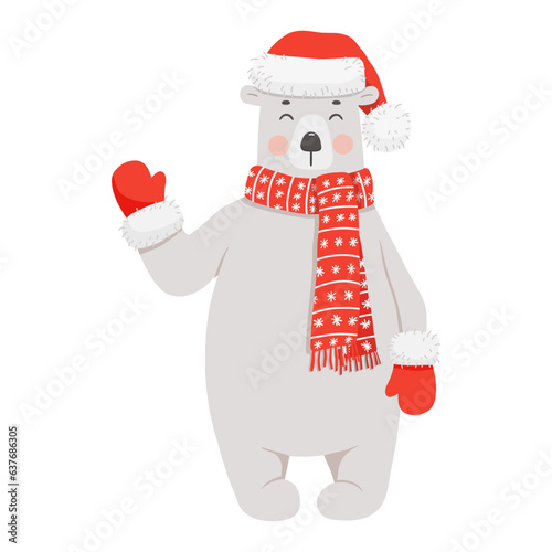 Cute polar bear in red hat, scarf and mittens waving his paw. Funny vector cartoon illustration for Christmas cards and posters. Baby animal isolated on white