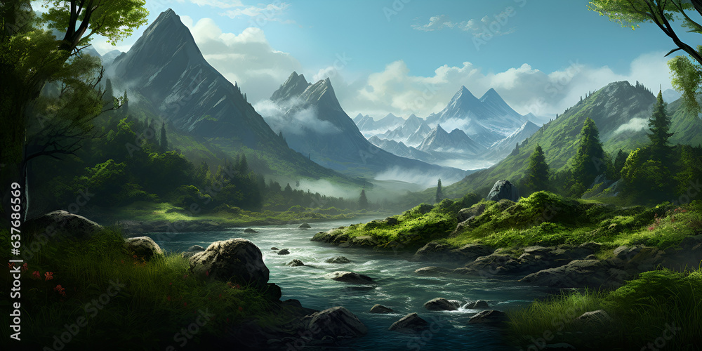 lake in the mountains,Green Fantasy Landscape Art