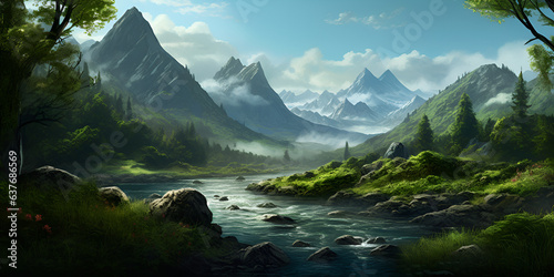 lake in the mountains,Green Fantasy Landscape Art