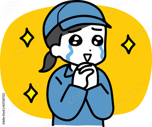 泣いて喜ぶ作業服の女性