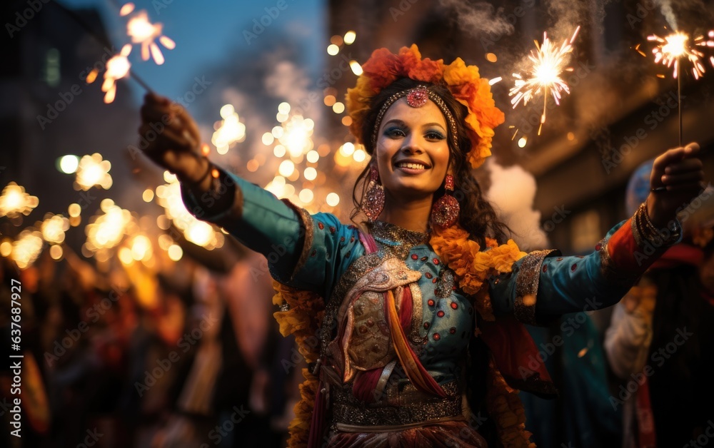Festive Radiance: Portrait of a brunette beauty in the enchanting Diwali evening backdrop. Festive Radiance: Portrait of a brunette beauty in the enchanting Diwali evening backdrop.