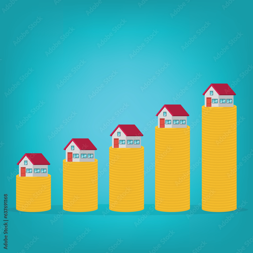 Homes increasing in value. Real estate trading up. coin stack arrow up with house. Vector illustration flat design. Homes increasing in value. Real estate trading up. coin stack arrow up with house. Vector illustration flat design.