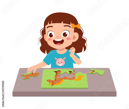 little kid play puzzle with friend and feels happy
