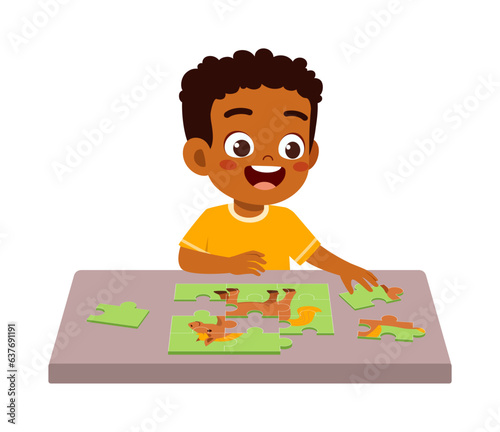 little kid play puzzle with friend and feels happy