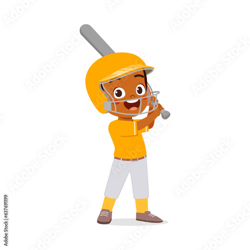 little kid holding baseball bat and feeling happy