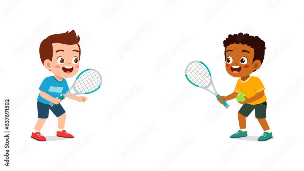 little kid playing tennis with friend and feeling happy little kid playing tennis with friend and feeling happy