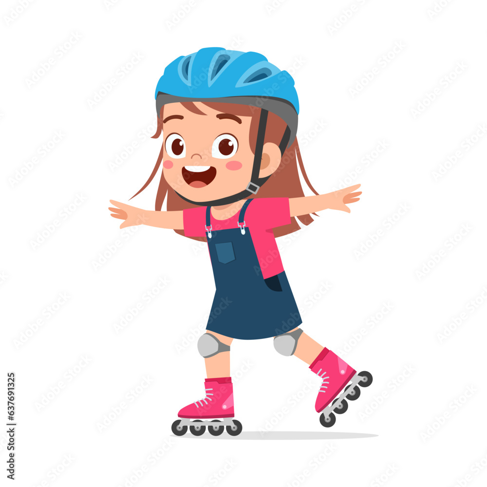 little kid playing roller blade and feel happy - obrazy, fototapety, plakaty 