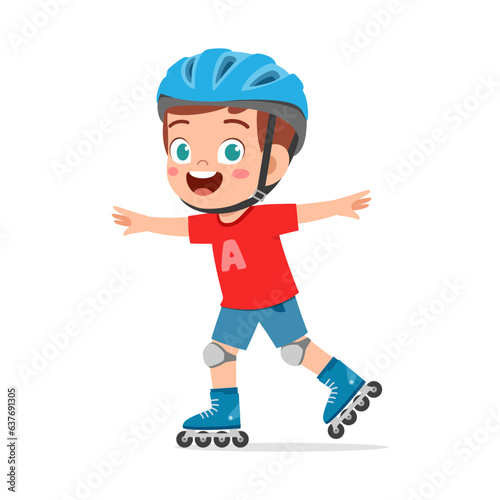 little kid playing roller blade and feel happy