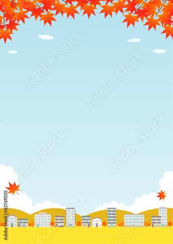 紅葉と街の風景のイラスト_縦_1
