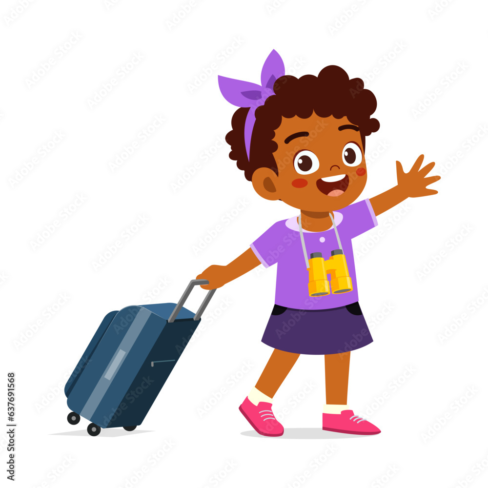 little kid go traveling and feel happy