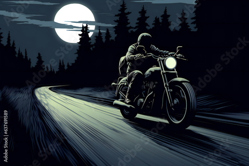 Motorcyclist on the road in the forest at full moon
