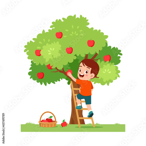 little kid harvest apple and feel happy