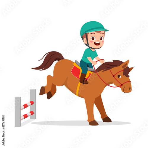 little kid riding jumping horse and feel happy