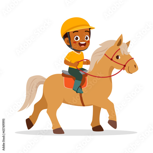 little kid riding horse and feel happy