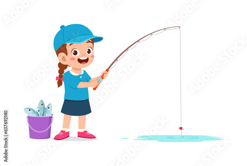 little kid catch fish with fishing rod and feel happy