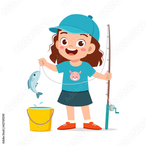little kid catch fish with fishing rod and feel happy