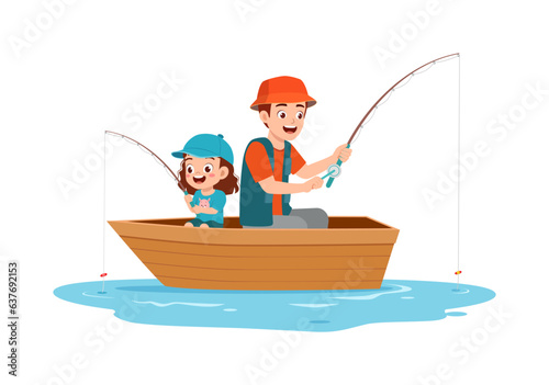 little kid fishing with father and feel happy