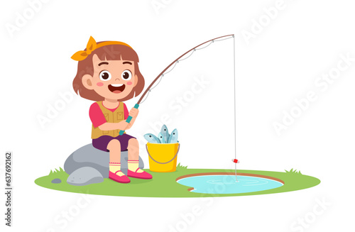 little kid catch fish with fishing rod and feel happy