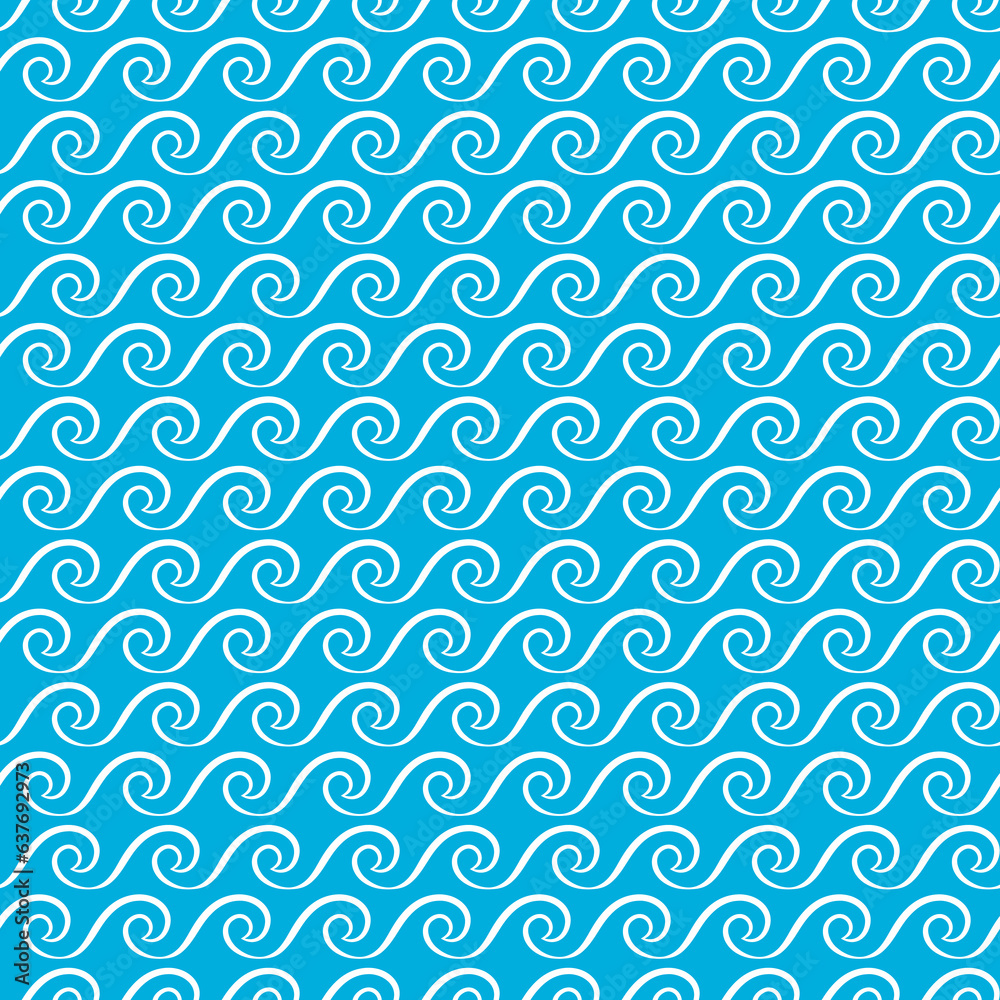 Sea and ocean curly blue waves seamless pattern. Water wavy lines vector background with sea and ocean texture. White geometric ornament of water stream curves, waves and swirls on blue backdrop Sea and ocean curly blue waves seamless pattern. Water wavy lines vector background with sea and ocean texture. White geometric ornament of water stream curves, waves and swirls on blue backdrop