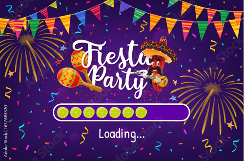 Mexican fiesta holiday loading bar. Vector celebratory scale showcasing mariachi red chili pepper wear sombrero hat, with maracas, fireworks and flag garlands representing rich cultural traditions