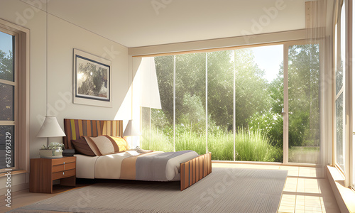 Modern and Piecefull Bedroom Interior With Wide Open Windows & Views - Generative AI photo