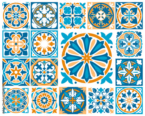 Moroccan and azulejo tile patterns. Majolica, talavera ornament of vector portuguese, spanish and mexican ceramic tiles, mosaic floor and wall. Vintage mediterranean floral pattern or arabesque motif