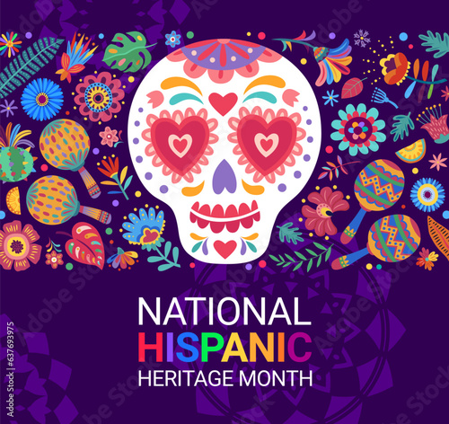 Calavera sugar skull and tropical flowers. National hispanic heritage month festival banner. Vector background with ornate dead calaca head, celebrating rich cultur of the hispanic community promo
