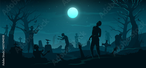 Halloween scary zombie horror graveyard background. Dead apocalypse monsters walking at spooky night cemetery vector banner, eerie tombstones, old trees silhouettes, bats and full moon in dark sky