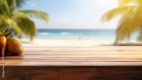 empty wooden table in modern style for product presentation with a blurred tropical beach in the background
