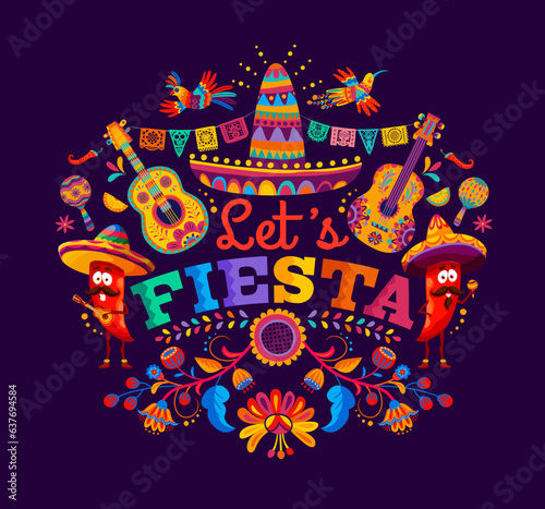 Mexican fiesta party banner with pepper mariachi, sombrero and guitars. Vector Mexico holiday background with birds, tropical flowers and jalapeno or guindilla latino characters celebrating event