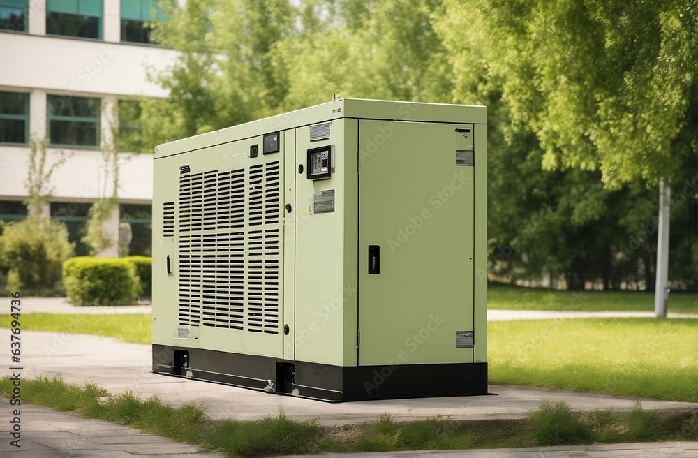 Diesel generator for emergency power supply against the backdrop of green trees in fine sunny weather. Diesel generator for emergency power supply against the backdrop of green trees in fine sunny weather.