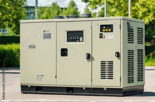 Diesel generator for emergency power supply against the backdrop of green trees in fine sunny weather.