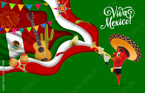 Viva mexico paper cut banner with national flag color and mariachi pepper character. Vector background with guitar, cactus, garland and avocado. Pinata, jalapeno and avocado mexican culture symbols