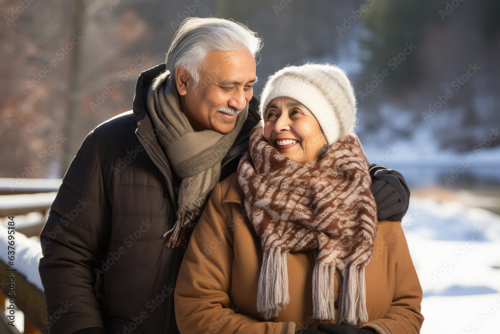 Senior Couple hugging to each other and enjoying holiday in winter season. Senior Couple hugging to each other and enjoying holiday in winter season.