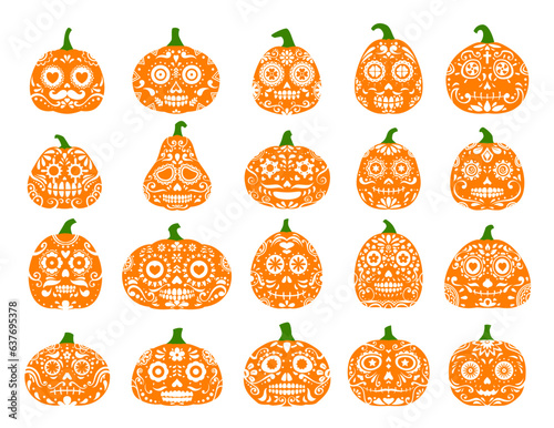 Halloween party mexican pumpkins. Dia de los muertos holiday spooky characters with calavera sugar skull pattern. Vector traditional decorated calaca gourds with smiling faces, for festive celebration